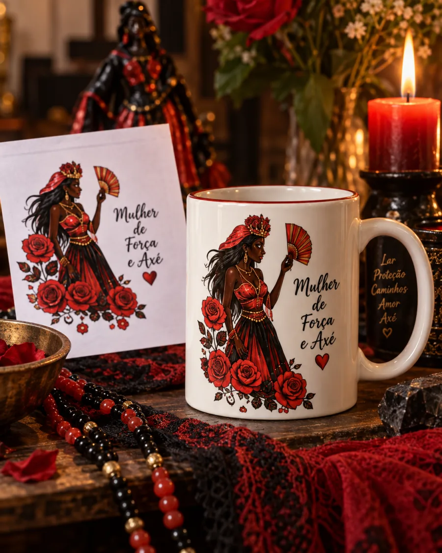 Arte vertical de Umbanda aplicada em caneca
