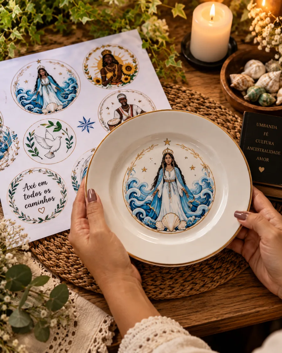 Arte circular de Umbanda aplicada em prato decorativo