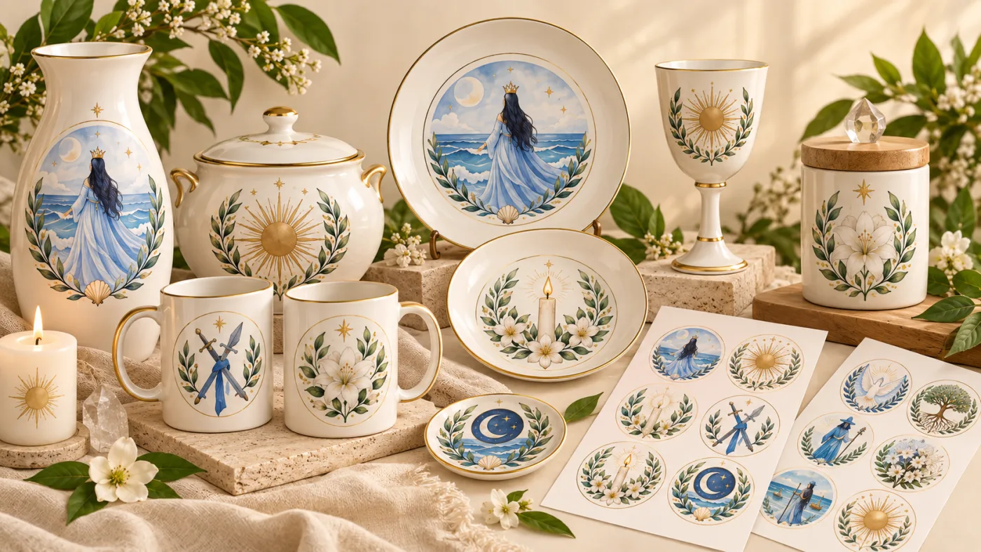 Coleção de peças decorativas personalizadas com artes de Umbanda